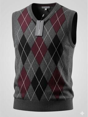 Method Mens Argyle Sweater Vest XL Gray Burgundy Black V-Neck New With Tags NWT